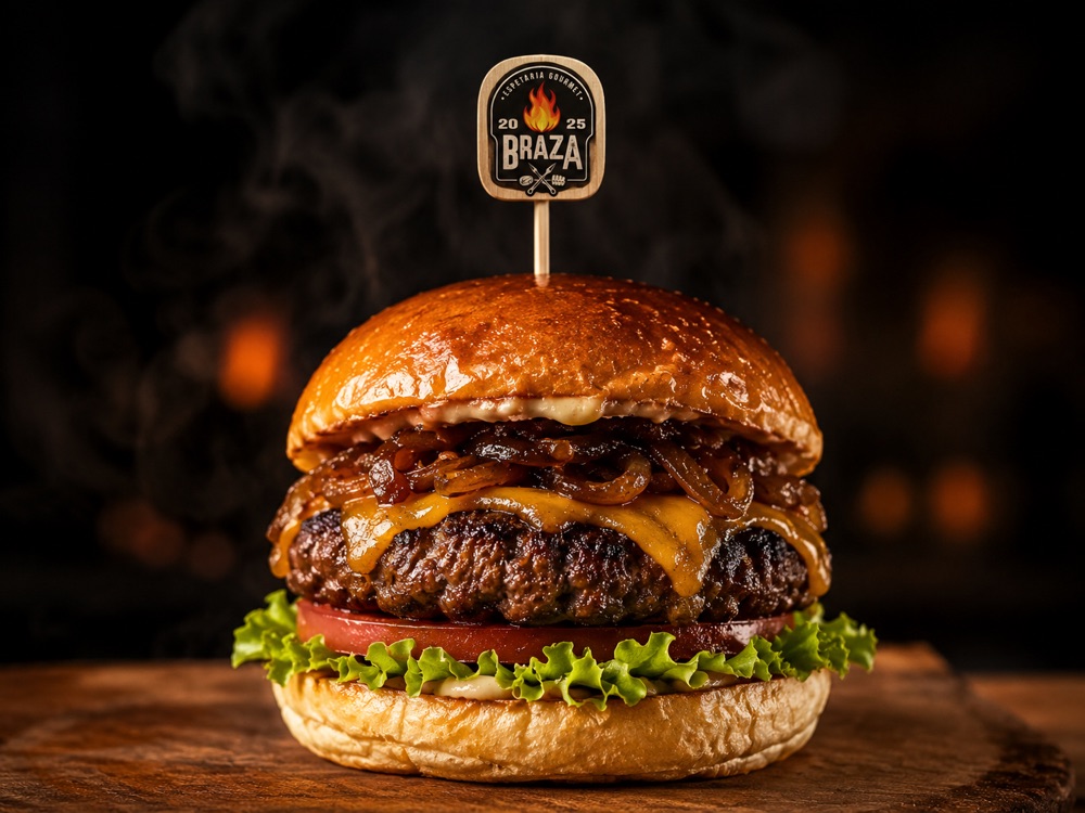 Braza Burguer com o espeto da marca, queijo derretido e pão brioche
